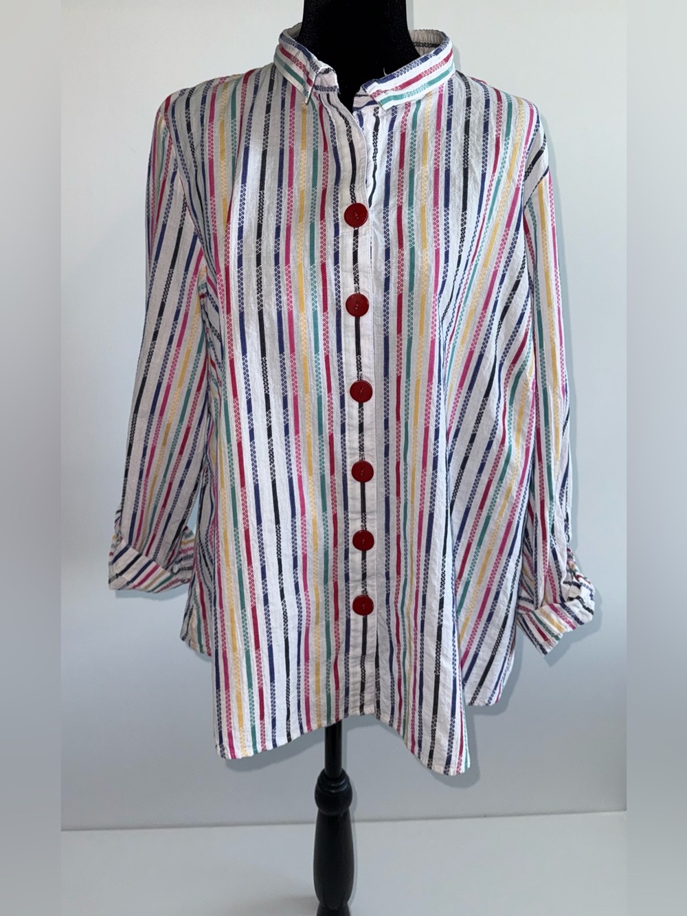 Ali Miles 1x Multicolor Striped Button Front Tunic Top Red Buttons Artsy